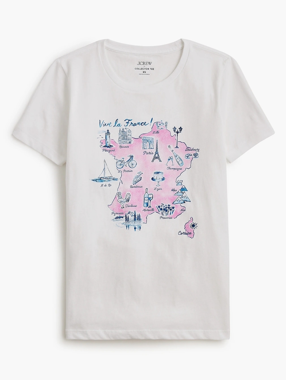 J. Crew White Short-Sleeve Tee with Pink & Navy France Map Graphic